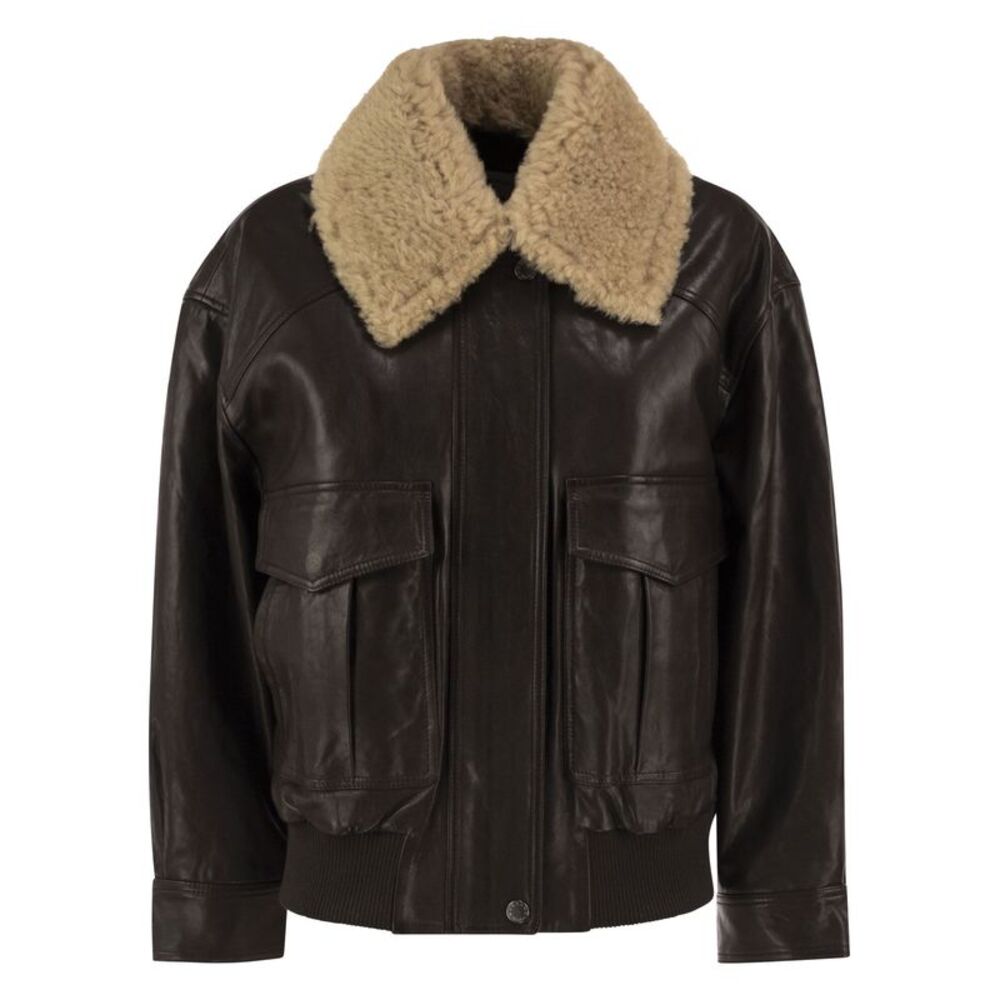 Weekend Maxmara Women Wkdcalata - Leather Bomber Jacket With Shearling Collar